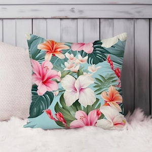 Tropical Floral Throw Pillow Soft Cushion Cover &#39;Hibiscus Flower Pattern IV&#39;  Tropical Square Decorative Accent Pillowcase Gift, Pink, Green