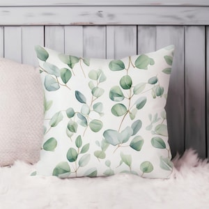 Botanical Throw Pillow Soft Cushion Cover &#39;Eucalyptus Leaves Pattern Leaf IV&#39; Cottage Square Decorative Accent Pillowcase Gift, Green, White