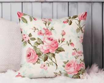 Shabby Chic Floral Throw Pillow Soft Cushion Cover 'Dreaming of Flowers XVIII' Flowers Square Decorative Accent Pillowcase Gift, Pink, Green