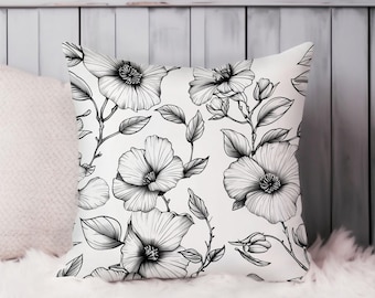 Floral Throw Pillow Soft Cushion Cover 'Black & White Floral Dream' Flowers Modern Square Decorative Accent Pillowcase Gift, Black, White