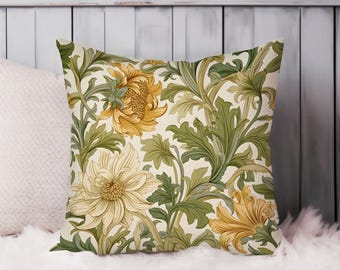 William Morris Botanical Throw Pillow Soft Cushion Cover &#39;Floral Pattern IV&#39; Leaves Cottage Square Decorative Pillowcase Gift, Green, Orange