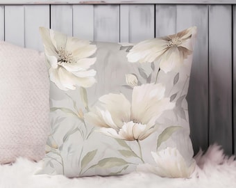 Floral Throw Pillow Soft Cushion Cover Neutral Flowers Modern Cottage Square Decorative Accent Pillowcase Gift, Beige, Gray