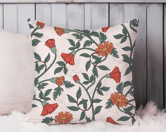 Red Floral Throw Pillow Soft Cushion Cover Flowers Pattern Cottage Square Decorative Accent Pillowcase Gift, Red, Green
