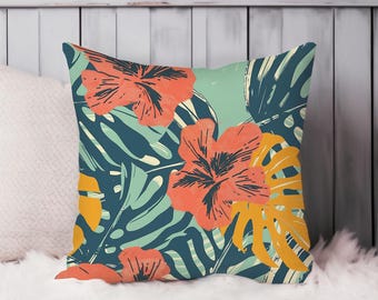 Tropical Floral Throw Pillow Soft Cushion Cover Hibiscus Flower Pattern Hawaiian Square Decorative Accent Pillowcase Gift, Red, Green