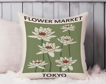 Japanese Floral Throw Pillow Soft Cushion Cover Zen Tokyo Flower Marker Asian Cultures Square Decorative Accent Pillowcase Gift Beige, Green
