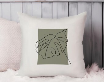 Minimalist Monstera Leaf Botanical Throw Pillow Soft Cushion Cover Modern Square Decorative Accent Pillowcase Gift, Green, Gray