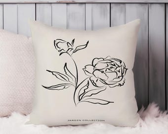 Floral Throw Pillow Soft Cushion Cover Neutral Beige Bohemian Minimalist Square Flower Decorative Accent Pillowcase Gift Black Beige