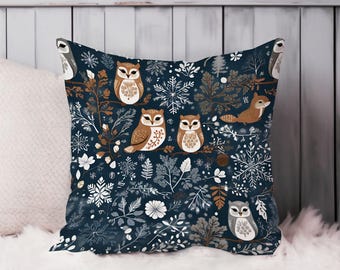 Owls Scandinavian Throw Pillow Soft Cushion Cover 'Owl Garden II' Animals Square Decorative Accent Pillowcase Gift, Blue, Brown
