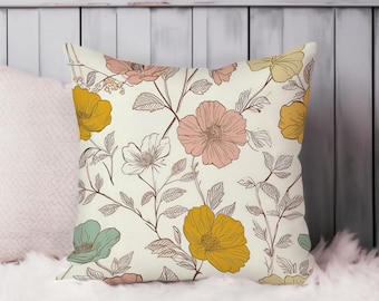 Retro Floral Throw Pillow Soft Cushion Cover 'Flower Symphony' Flowers Retro Square Decorative Accent Pillowcase Gift, Pink, Yellow