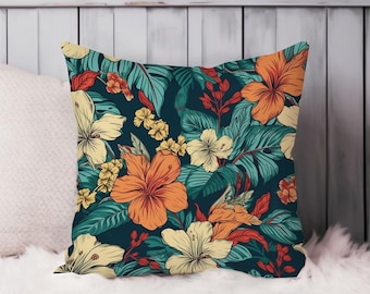 Tropical Flowers Throw Pillow Soft Cushion Cover 'Hibiscus Flowers II' Floral Square Decorative Accent Pillowcase Gift, Blue, Orange