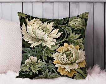 William Morris Botanical Throw Pillow Soft Cushion Cover &#39;Floral Pattern II&#39; Leaves Cottage Square Decorative Pillowcase Gift, Green, Yellow
