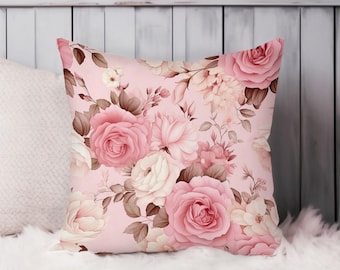 Floral Throw Pillow Soft Cushion Cover 'Muted Pink Roses VIII' Roses Glam Square Decorative Accent Pillowcase Gift, Pink, White