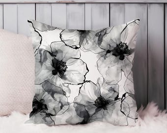 Black & White Floral Throw Pillow Soft Cushion Cover Modern Flowers Square Decorative Accent Pillowcase Gift Black, White