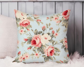 Floral Throw Pillow Soft Cushion Cover 'Shabby Chic Rose Flowers V' Florals Shabby Chic Square Decorative Accent Pillowcase Gift, Blue, Pink