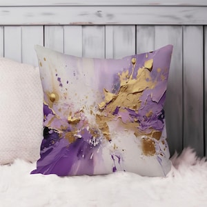 Abstract Throw Pillow Soft Cushion Cover &#39;Purple Symphony&#39; Brush Strokes Transitional Square Decorative Accent Pillowcase Gift, Purple, Gold