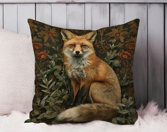 May include: Square decorative pillow featuring a detailed illustration of a fox with orange and brown fur, set against a dark floral background with red and gold accents. The pillow is placed on a white surface.