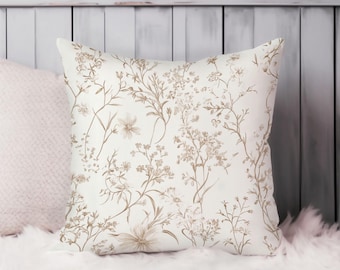 Botanical Throw Pillow Soft Cushion Cover Flowers Modern Square Floral Decorative Accent Pillowcase Gift, White, Beige