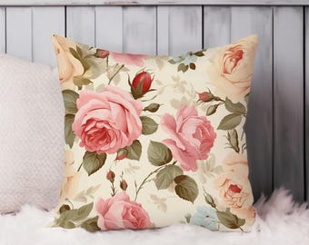 Shabby Chic Floral Throw Pillow Soft Cushion Cover Rose Flowers Shabby Chic Square Decorative Pillowcase Gift, Pink, Green