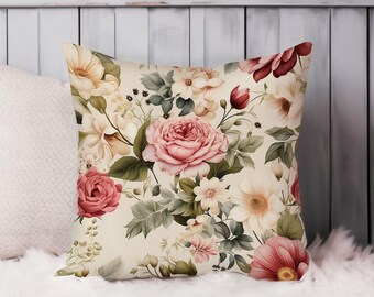 Floral Throw Pillow Soft Cushion Cover 'Shabby Chic Flower Pattern VII' Shabby Chic Square Decorative Accent Pillowcase Gift, Beige, Pink