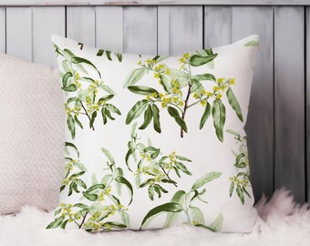 Botanical Throw Pillow Soft Cushion Cover 'Botanical Plant Leaves III' Tropical Leaf Square Decorative Pillowcase Gift, Green, White
