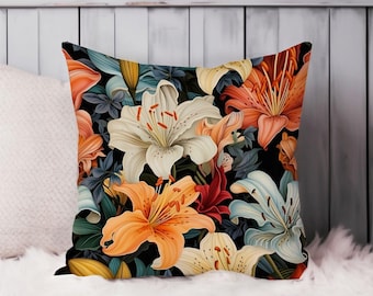 Tropical Floral Throw Pillow Soft Cushion Cover 'Lily Flowers XII' Tropical Square Decorative Accent Pillowcase Gift, Red, Blue