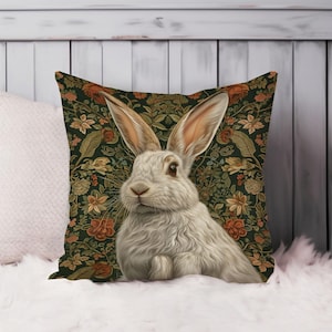 White Rabbit William Morris Throw Pillow Soft Cushion Cover Bunny Animals Cottage Square Decorative Accent Pillowcase Gift White Green