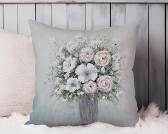 Floral Boquet Throw Pillow Soft Cushion Cover Pink Flowers Transitional Square Decorative Accent Pillowcase Gift, Pink, Gray