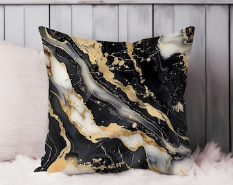 Abstract Throw Pillow Soft Cushion Cover 'Black & Gold Geode XI' Geode Modern Square Decorative Accent Pillowcase Gift, Black, Gold