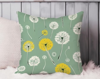 Dandelion Throw Pillow Soft Cushion Cover Botanical Modern Square Decorative Accent Pillowcase Gift, Green, Yellow