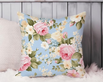 Floral Throw Pillow Soft Cushion Cover Shabby Chic Style Flower Pattern I Shabby Chic Square Decorative Accent Pillowcase Gift Blue Pink