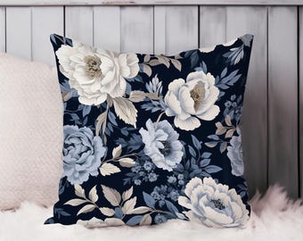 Floral Throw Pillow Soft Cushion Cover Luxe Floral Elegance Flowers Cottage Square Decorative Accent Pillowcase Gift, Blue, Gray