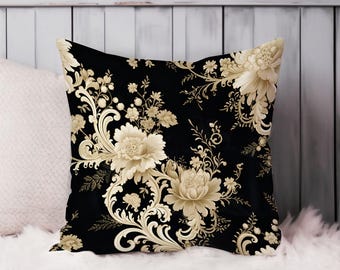 Floral Throw Pillow Soft Cushion Cover 'Victorian Elegance II' Flowers Classic Square Decorative Accent Pillowcase Gift, Black, Beige