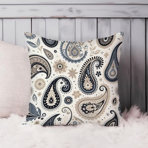 Paisley Throw Pillow Soft Cushion Cover &#39;Paisley Pattern II&#39; Patterns Bohemian Square Decorative Accent Pillowcase Gift, Blue, Beige