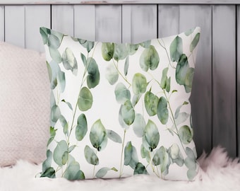 Eucalyptus Leaves Botanical Throw Pillow Soft Cushion Cover Leaf Cottage Square Decorative Accent Pillowcase Gift White Green