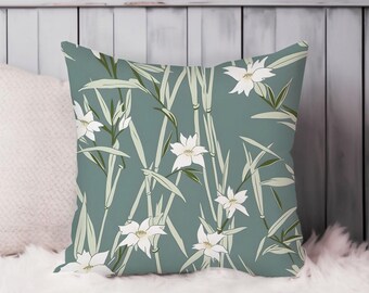 Floral Throw Pillow Soft Cushion Cover 'Zen Japanese Garden Flowers VI' Flowers Asian Square Decorative Accent Pillowcase Gift, Green, White