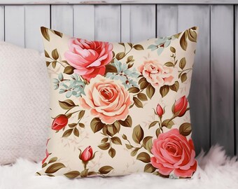 Floral Throw Pillow Soft Cushion Cover Shabby Chic Rose Flowers VII Shabby Chic Square Decorative Accent Pillowcase Gift Beige Pink