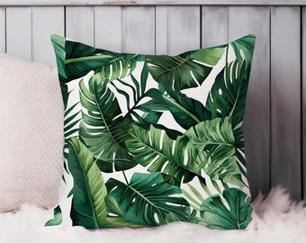 Monstera Leaves Botanical Throw Pillow Soft Cushion Cover Tropical Leaf Pattern Square Decorative Accent Pillowcase Gift, Green, White