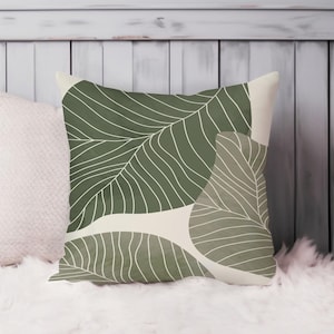 Sage Green Botanical Throw Pillow Soft Cushion Cover Leaves Leaf Bohemian Square Decorative Accent Pillowcase Gift, Green