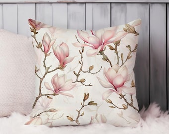 Magnolia Flowers Floral Throw Pillow Soft Cushion Cover Cottage Square Decorative Accent Pillowcase Gift, Pink, Brown