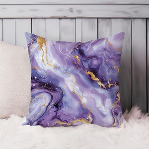 Abstract Throw Pillow Soft Cushion Cover &#39;Purple & Gold Marble Geode IV&#39; Geode Modern Square Decorative Accent Pillowcase Gift, Purple, Gold