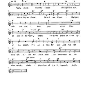 Peut inclure: Partition musicale de "Pearly Shells", avec paroles et notation musicale. Le titre est en haut, avec l'expression "This is fabulous" en dessous. La partition comprend une clé de sol, des indications de mesure et d'autres symboles musicaux.