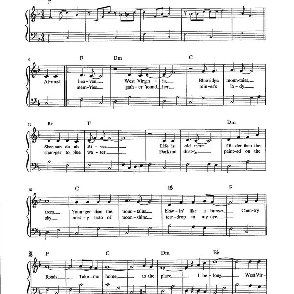 Country Roads Take Me Home - Digital Sheet Music for Piano Lyrics and Chords