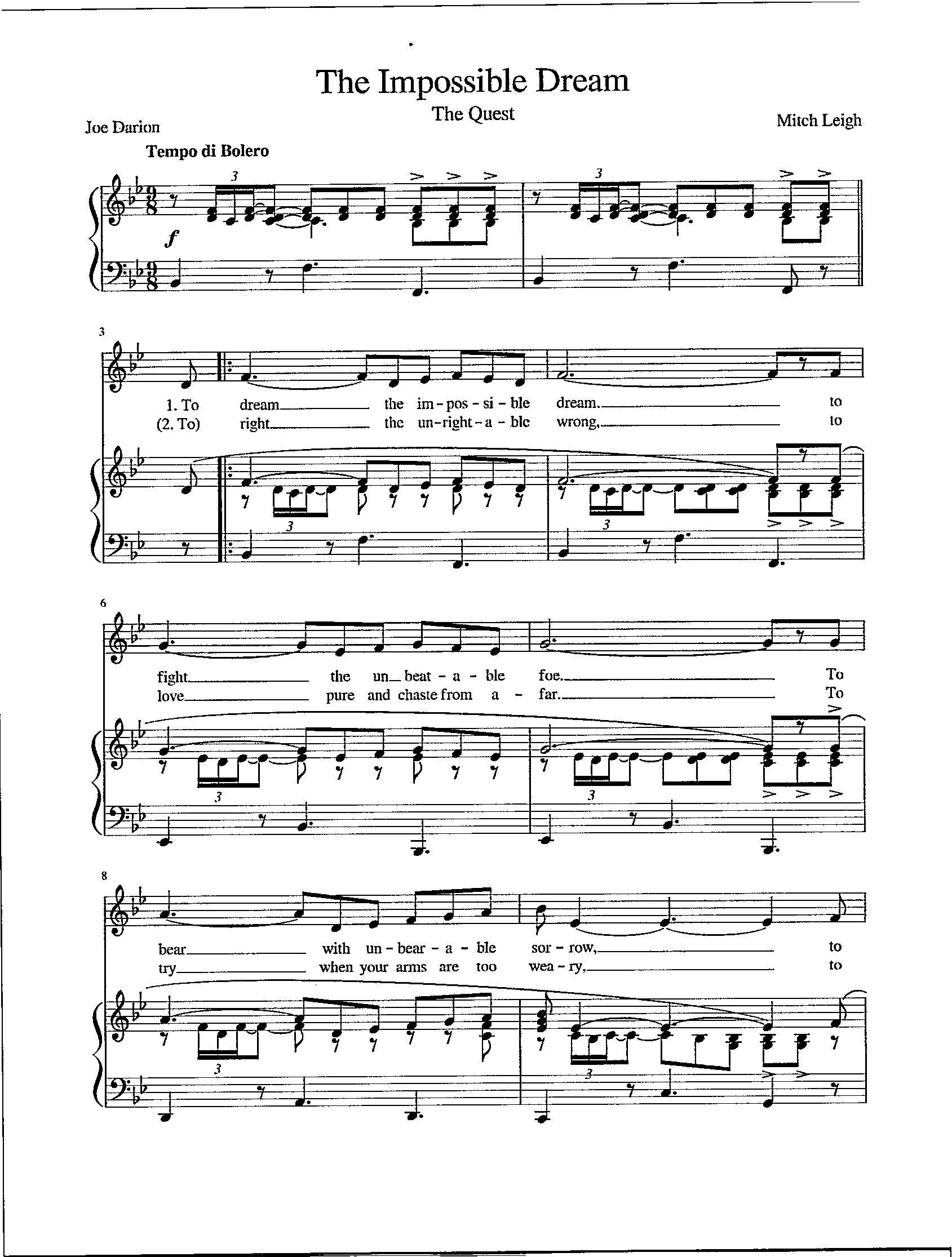 The Impossible Dream - Digital Download for Piano and Lyrics Sheet Music - Etsy