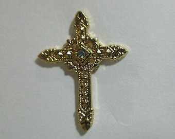 Gold Tone Cross with Clear Stone Hat Lapel Pin 1"T X .75"W