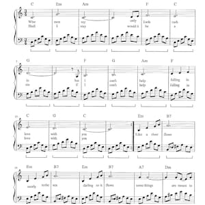 May include: Sheet music for the song "Can't Help Falling in Love" by Elvis Presley. The music includes the lyrics and piano chords for the song.