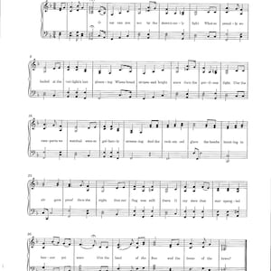 May include: Sheet music for the Star Spangled Banner, a patriotic American song. The music is written in standard notation with lyrics printed below each musical staff.
