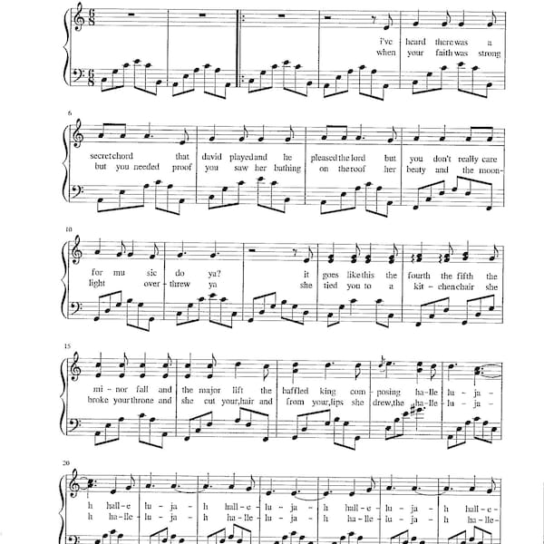 Hallelujah - Digital Piano Sheet Music with Lyrics - Key of C