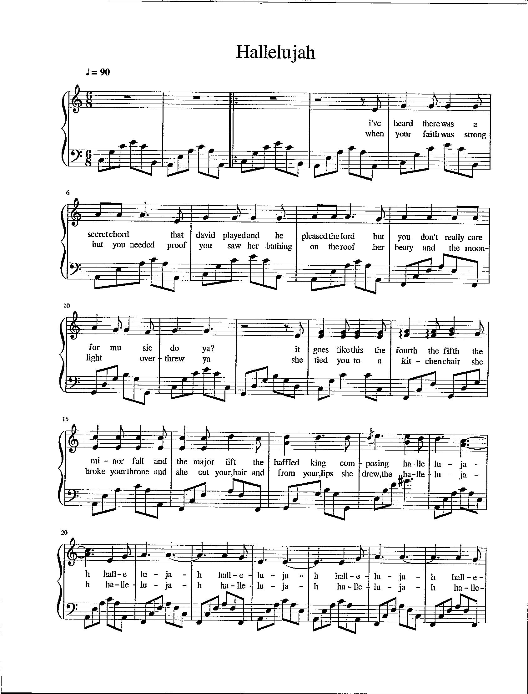 Hallelujah - Digital Piano Sheet Music With Lyrics - Key of