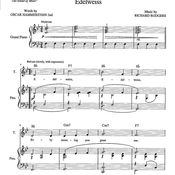Edelweiss - Digital Download Easy Piano Chords and Lyrics Sheet Music