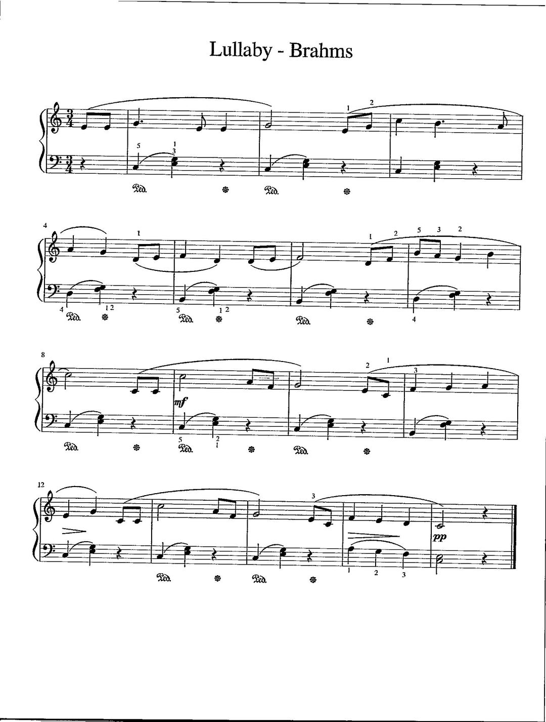 Lullaby By Brahms Digital Easy Piano Solo Key Of C Etsy